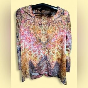 Time and Tru Multicolored Paisley Rhinestone Long Sleeve Top (Large)